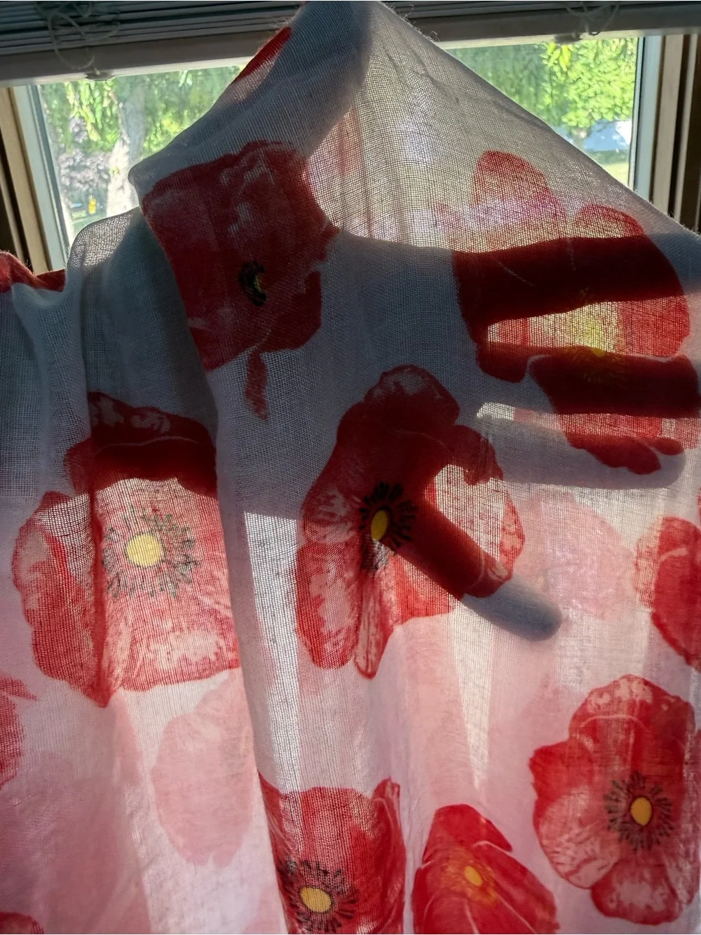 Lightweight Red White Floral Shawl/Scarf/Sarong  32 x70”- Poppies